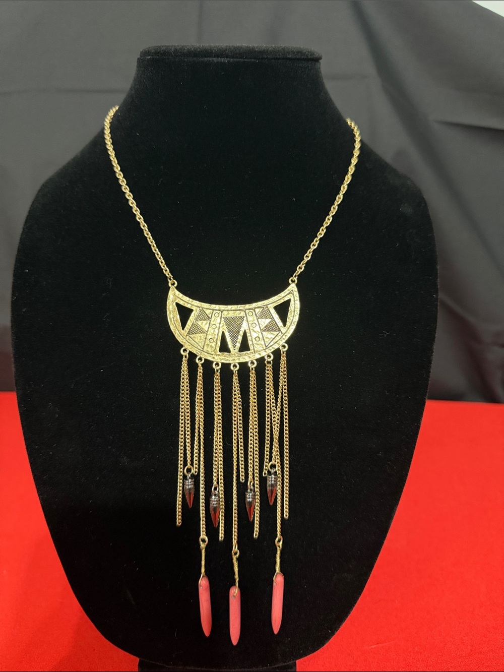 Gold-Tone Fringe Necklace with Pink Accents